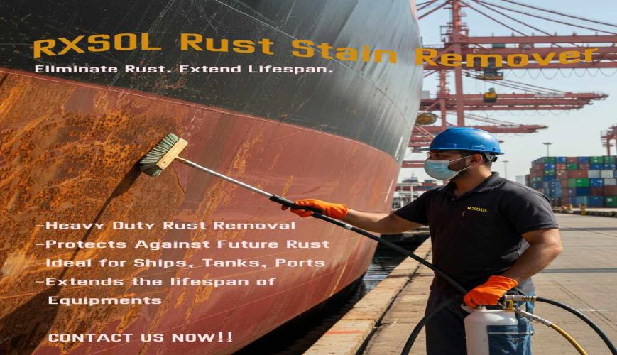 Worker cleaning rust stains from ship hull using Dubi Chem Rust Stain Remover at UAE port